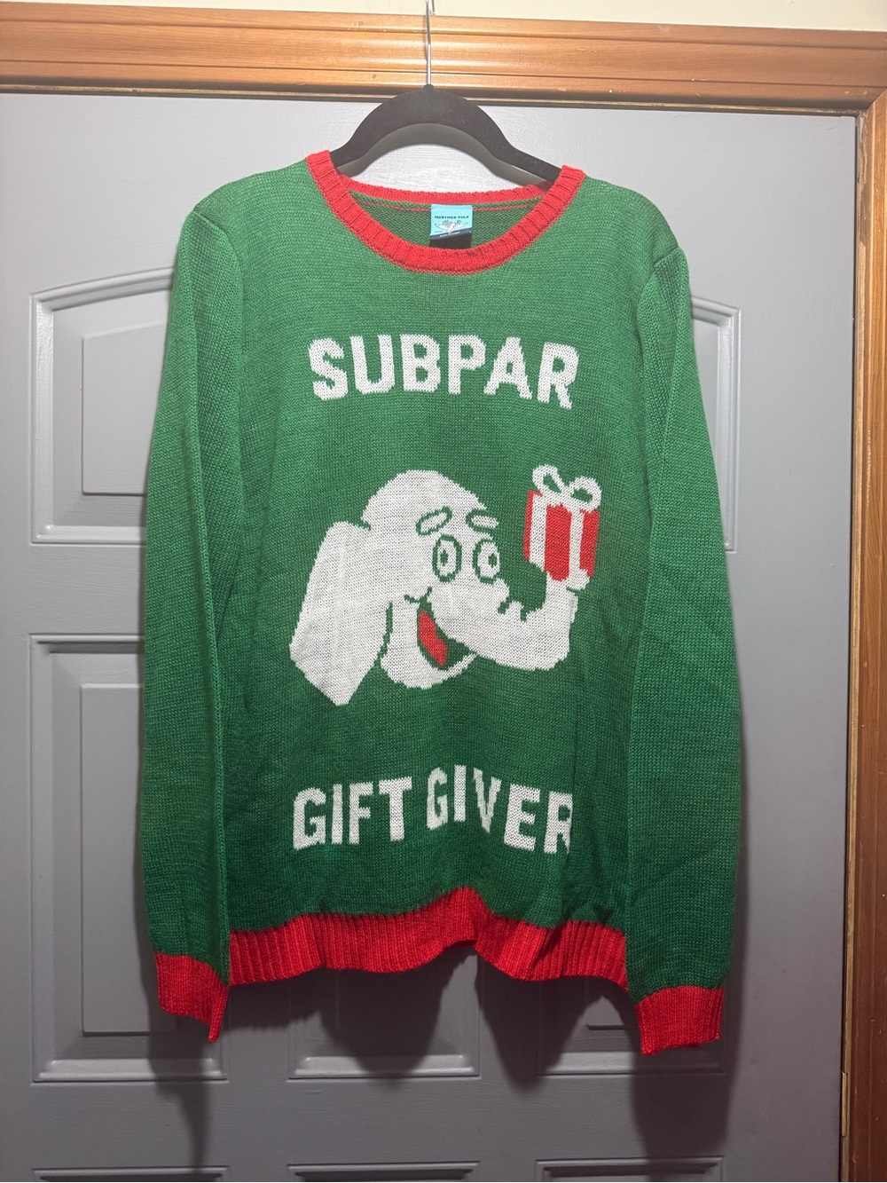 Green "Subpar Gift Giver" white elephant Holiday Sweater (med-ladies)